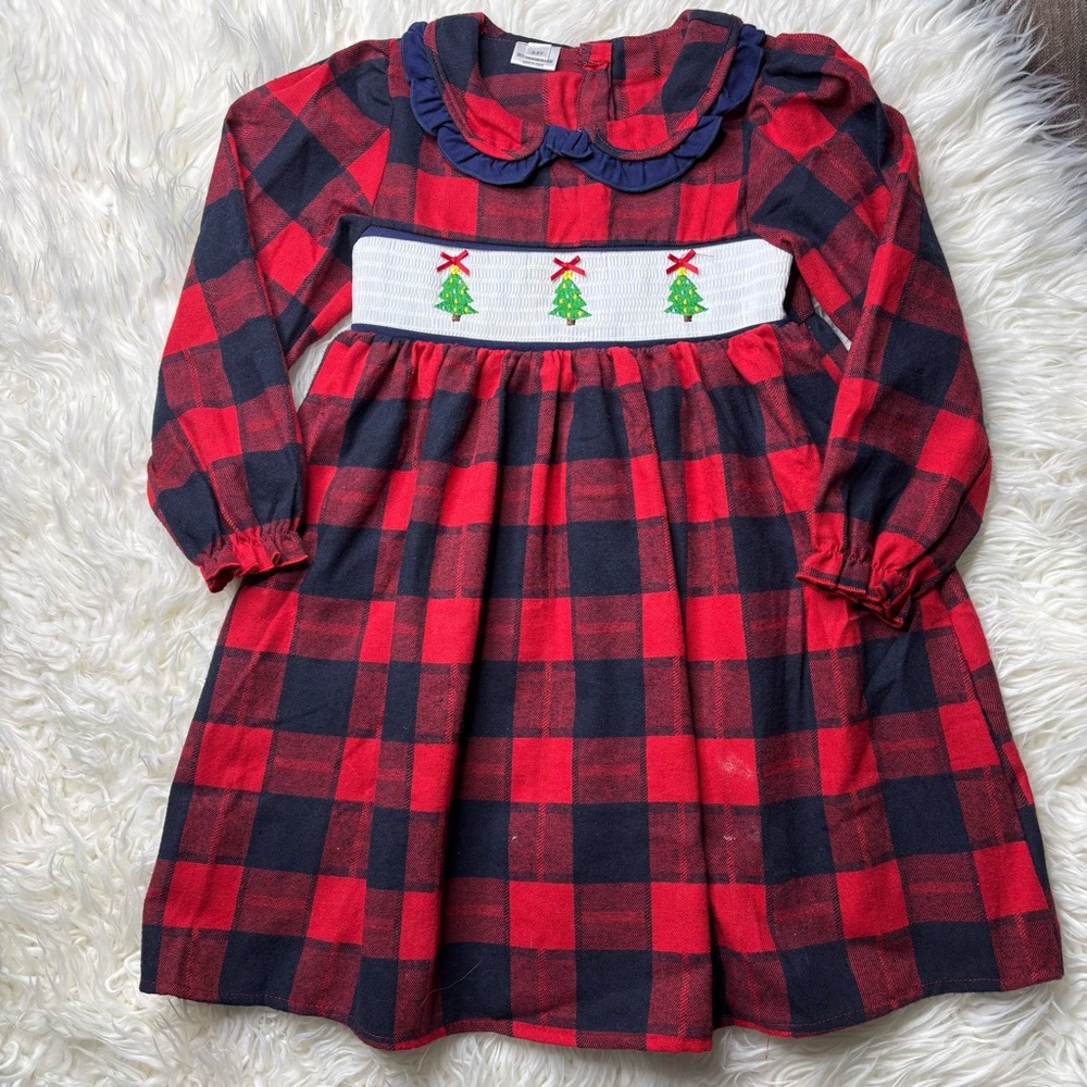 Red and Black Smocked Christmas Plaid Dress with Christmas Tree Embroidery